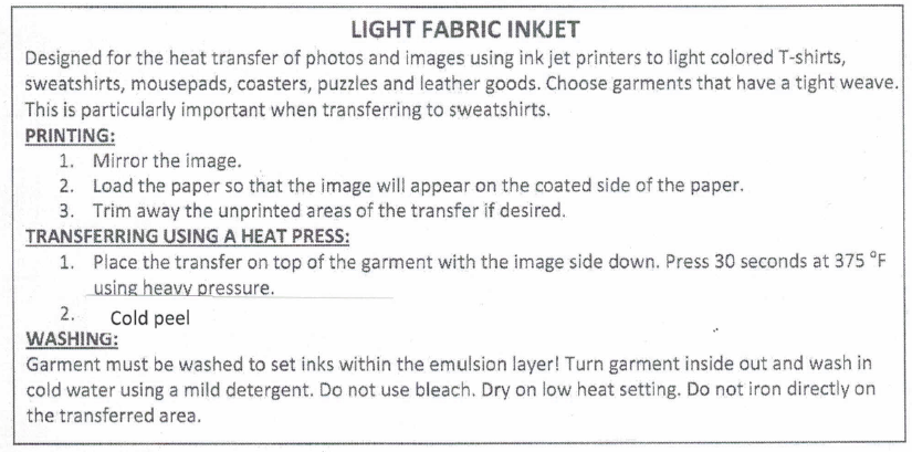 Light Fabric Inkjet Heat Transfer Paper